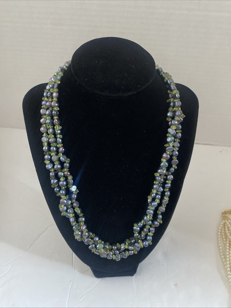 Beaded Layered Statement Necklace 3 Strand Blue And Green Gemstone 20 Inches