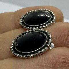 Vtg Southwestern Black Enamel Silvertone Beaded Oval Petite Stud Earrings Post