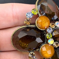 Vintage Rhinestone Brooch Brown Orange Gold Tone READ