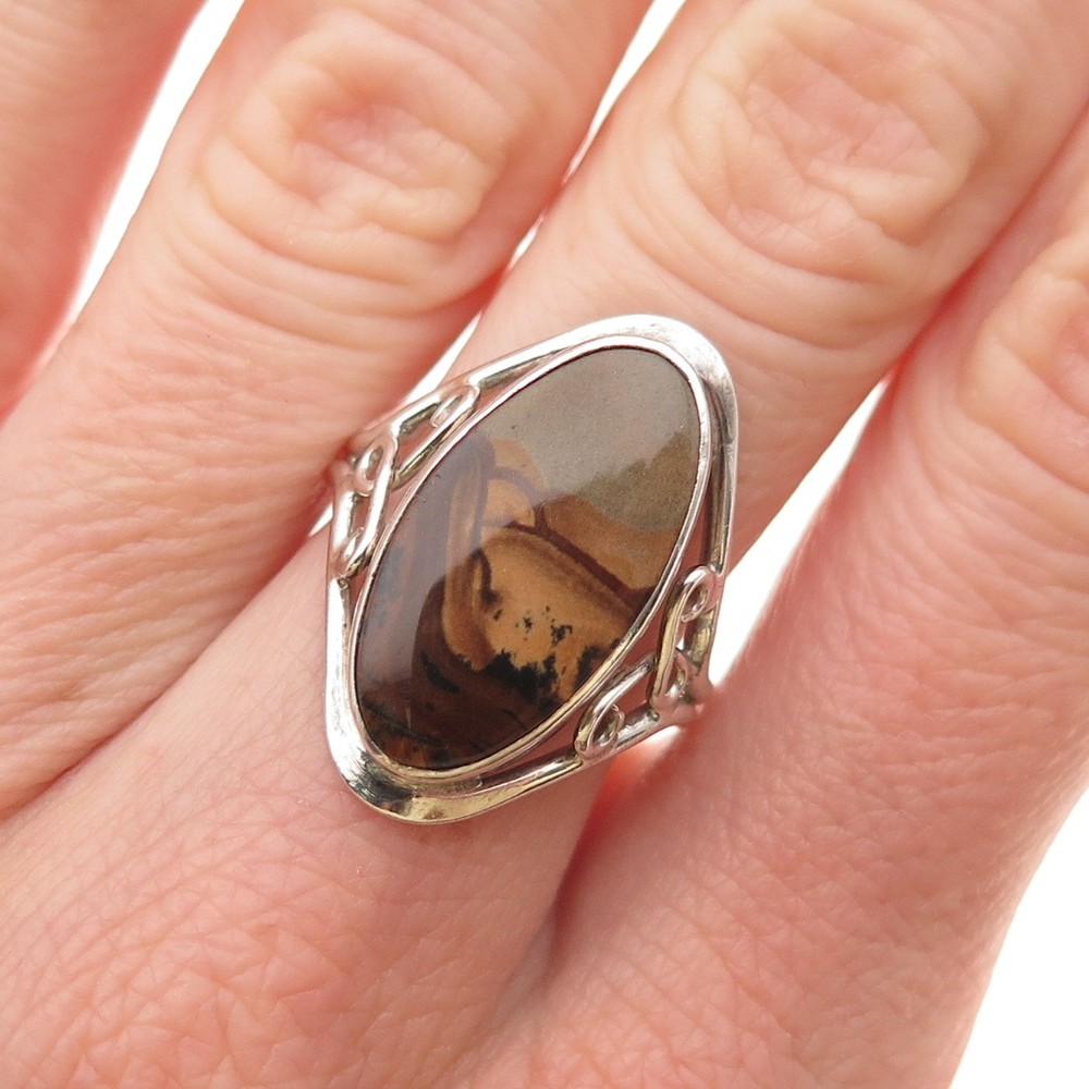 925 Sterling Silver Vintage Real Picture Jasper Oxidized Ring Size 6