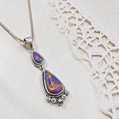 Vintage T Philippines Sterling Copper & Purple Gemstone Pendant Necklace, 16.5″