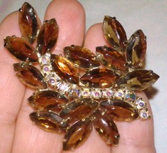 Large Vintage Topaz Rhinestone AB Brooch Leaf Fall Open Backed Glass Navette