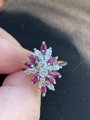VINTAGE 14K WHITE GOLD RUBIES DIAMONDS CLUSTER SPRAY COCKTAIL RING STATEMENT