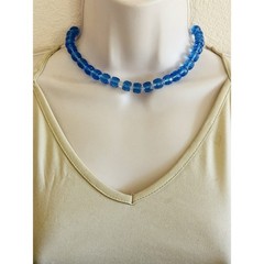 Vtg Czech blue choker Necklace Clear Blue Glass Carved Beaded Art Deco 16″