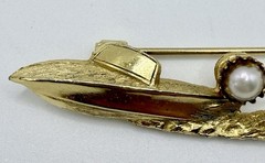 Vintage Brooch Gold Tone Water Ski Skier with Boat Faux Pearl Pin MCM