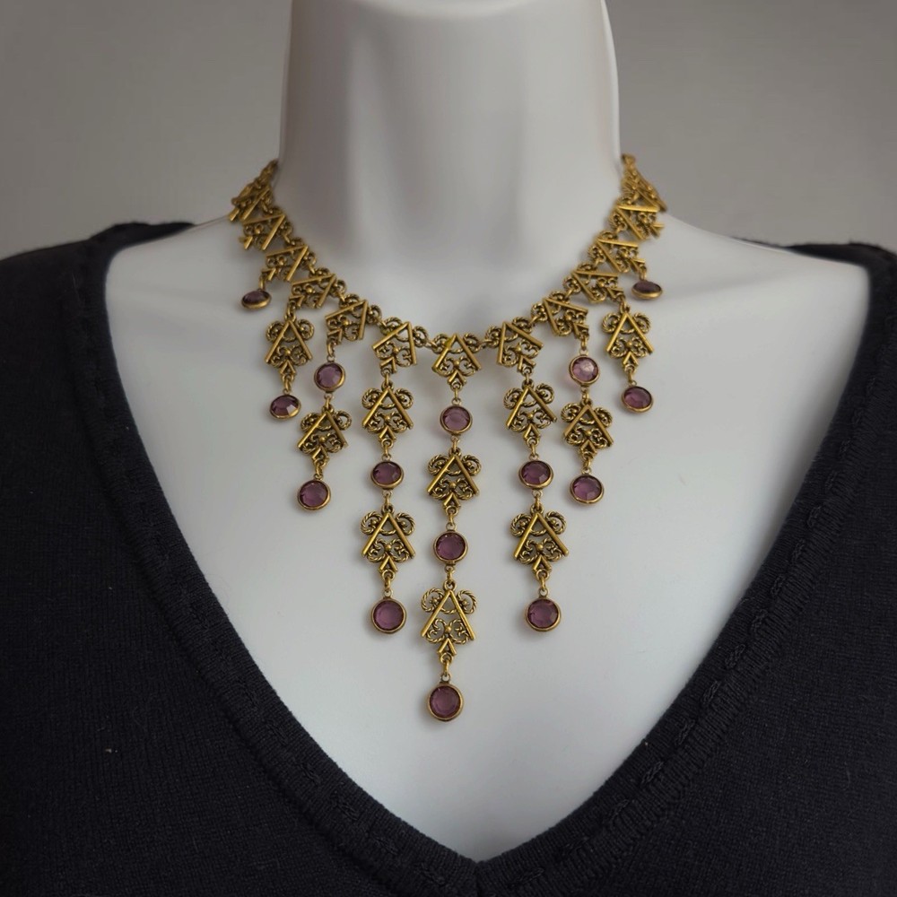 Vintage Etruscan Revival Necklace Purple Crystal Chandelier Victorian Gothic 17″