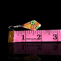 Vintage Groovy Polymer Clay Rhinestone Flower Floral Dangle Drop Hook Earrings