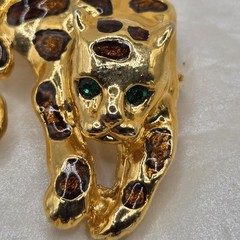 Vintage Gold Tone Leopard Cheetah Pin Brooch Green Eyed Rhinestones