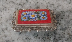 Vintage Italian Micro Mosaic brooch pin in red, blue, green, white and yellow