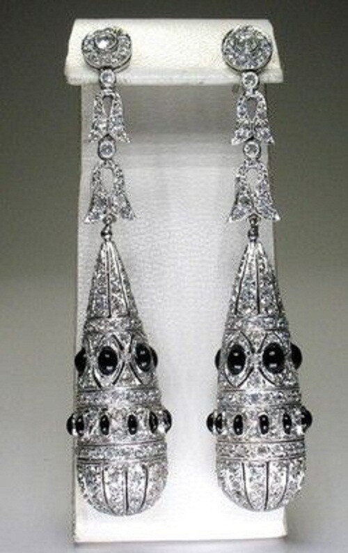 Iconic Art Deco 925 Solid Silver Shiny CZ & Black Onyx Turquoise (75mm) Earrings