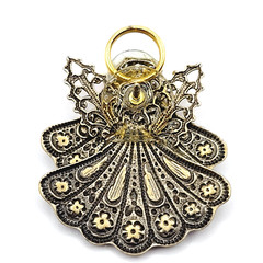 Angel Double Skirt Rhinestone Filled Filigree Wings Gold Tone Pin Lapel Family