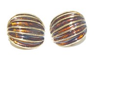 1980’s Gold Tone Metal Ribbed Clip on Earrings with Brown Enamel