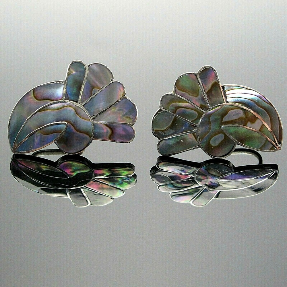 Sterling Silver Abalone Screw-Back Earrings Approx 1 1/4″ Long x 3/4″ Wide XLNT