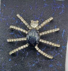 Vintage Clear Rhinestones & Black Glass Spider Brooch Pin 3.5 Inches Halloween