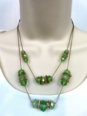 Crystal Glass Bead Necklace Celadon & Green Peridot Color Double Strand Gold Tne