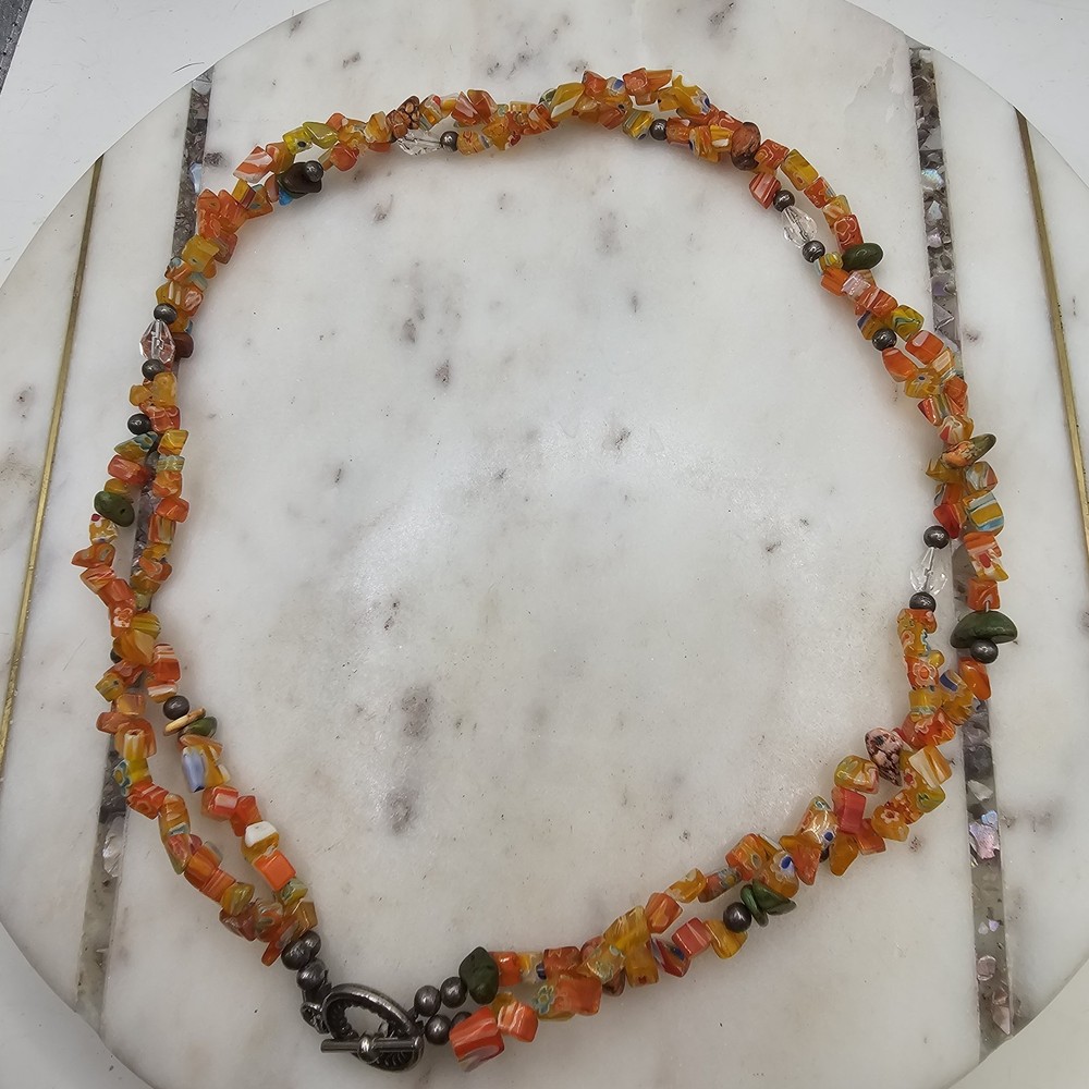 Vintage Millefiori Glass Chip Bead Necklace 20 Inch Strand Orange Two Strand Art