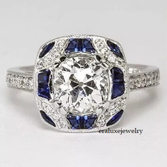 Art Deco Style Lab Created Diamond & Sapphire Engagement 14K White Gold FN Ring