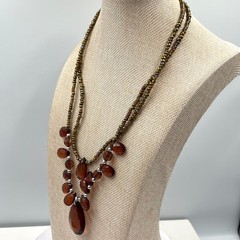 VTG Boho Amber Toned Double Strand Beaded Statement Necklace Retro Earthy Chic