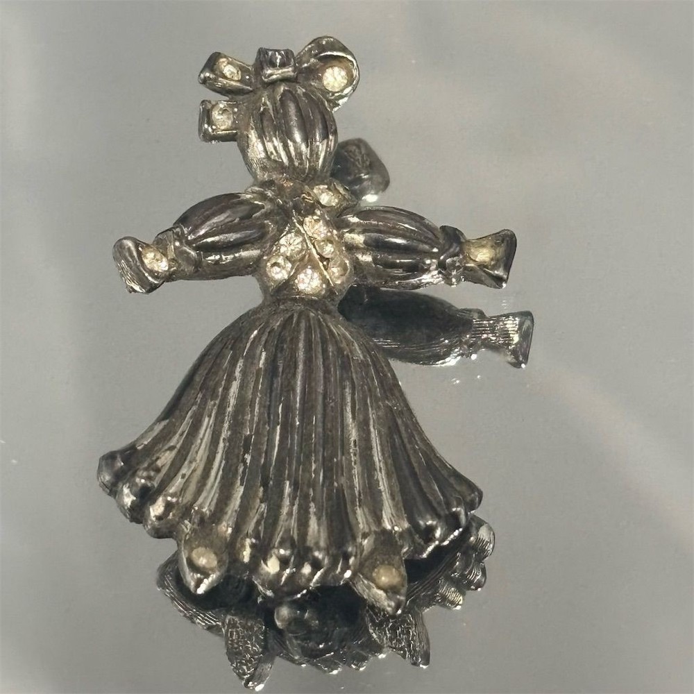 Tortolani Brooch Girl Doll Silver Tone Rhinestone Vintage Figural Pin Jewelry