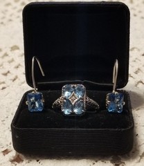 Art Deco Antique Blue Topaz Diamond Accent Ring & Earrings Set,Size 10, 925 &CNA