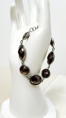 Vintage Monet Gun Metal Tone Smokey Quartz Style Faceted Glass Clasp Bracelet