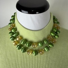 Vintage Japan Double Strand Green Ribbed & Champagne Satin Bead Necklace 18in