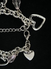 Vintage Silver Tone Heart Charm Bracelet Pink Rhinestone Dangle Lobster 8.5”Adj