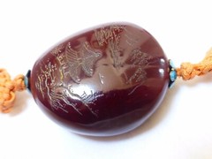 CHINESE VINTAGE CINNABAR JADE BEAD NECKLACE CARVED AMBER PENDANT, Silver Clasp