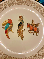 three pins /brooches,two birds and one pegasus.one florenza and two unsigned.