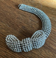 Set Of 2 Woman’s Vintage Wide 6 Row Silver Metal Rhinestone Bracelets With Bow