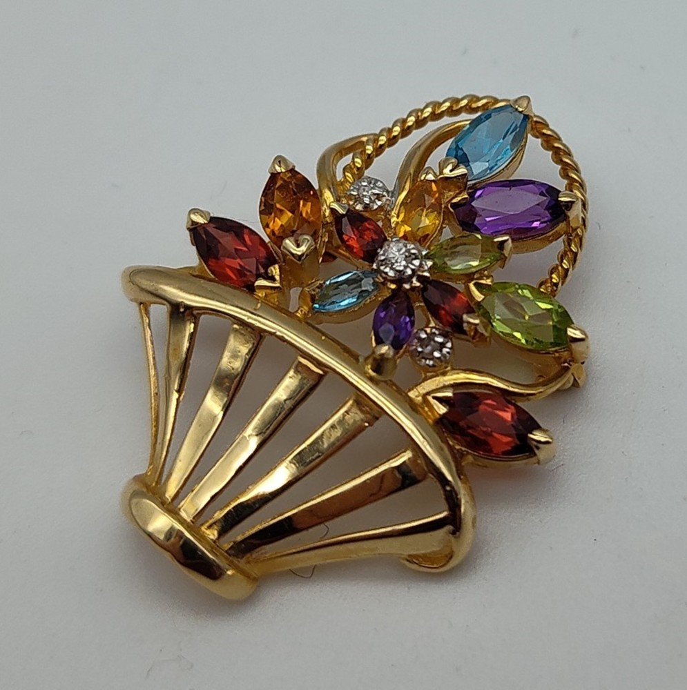 Vintage Colorful Stones Flower Basket 14K Yellow Gold Brooch Pin