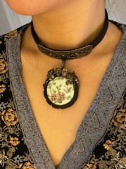 Sterling Silver Vintage Porcelain Leather Choker Statement Necklace