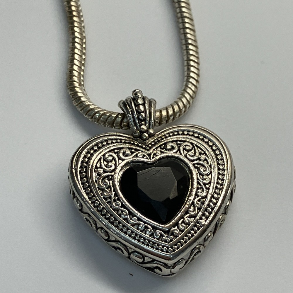 Vintage Silver Heart Pendant Necklace With Black Bead/stone, 22”