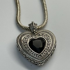 Vintage Silver Heart Pendant Necklace With Black Bead/stone, 22”