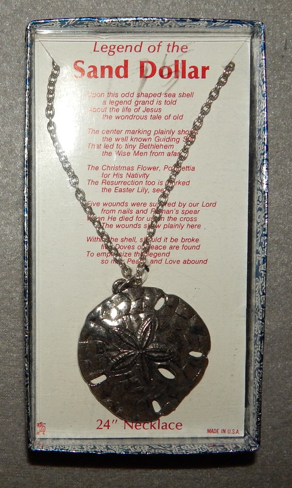 Vintage Sand Dollar Necklace – 24″ chain, 1 3/4″ Sand Dollar (‘Silver’ tone) New