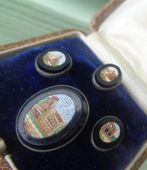 Micro Mosaic Booch & Collar Stud Button Set Italian Victorian Antique c1880s