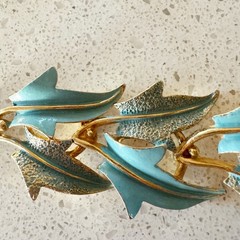 1960’s Signed Mode Art Light Blue Enamel Leaves Bracelet Necklace Clip Earrings