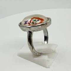 Vintage Y2K Silver Tone Sad Clown Oval Cabochon Ring Retro Kitsch Size 7 Classic