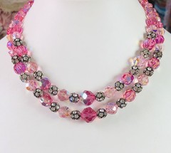 Vintage Vendome Faceted Pink AB & Rhinestone Multi Strand Necklace