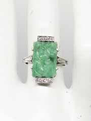 Vintage 1930s $5000 7ct Natural GREEN JADE Diamond 18k White Gold Ring BIG