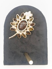 Vintage Gold Tone Smoky Quartz Brown Rhinestone Navette Flower Brooch Pin