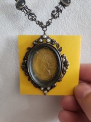 1960’S Gothic Art Deco Style Smoky Glass Cameo Necklace Pearls Flowers Floral
