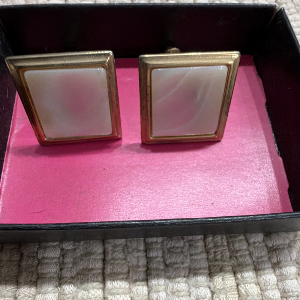 Vintage Brass Square Bullet Back Cufflinks Mother of Pearl Inlay Fashion Men
