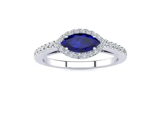 1.05CT Marquise Shape Sapphire & Moissanite Halo Fine Ring 14K White Gold FN