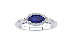 1.05CT Marquise Shape Sapphire & Moissanite Halo Fine Ring 14K White Gold FN