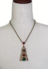 Antique Czech Glass Pendant Necklace Art Nouveau Floral Ivy Cabochon