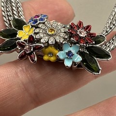 Multi Strand Enamel Rhinestone Slide Pendant Necklace Silver Tone 16-21”