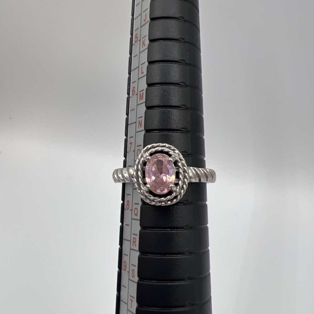 925 Sterling Silver With CZ PINK Oval Gemstone Decorative Twisted Rope Size7.5