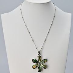 LIA SOPHIA Original Vintage Signed Abalone Flower Lily Pendant Silver Necklace