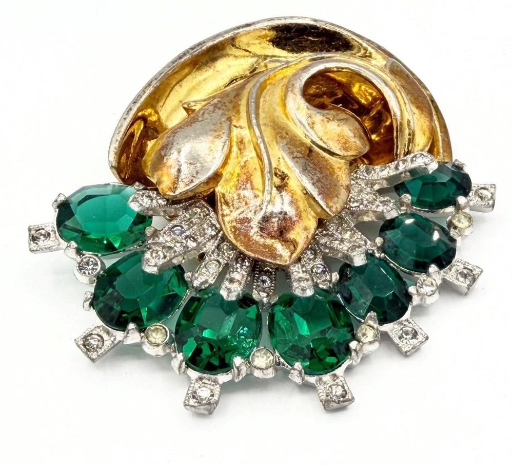 HTF Signed 1940s McClelland Barclay Gold-Tone Green & Clear Rhinestone Pin